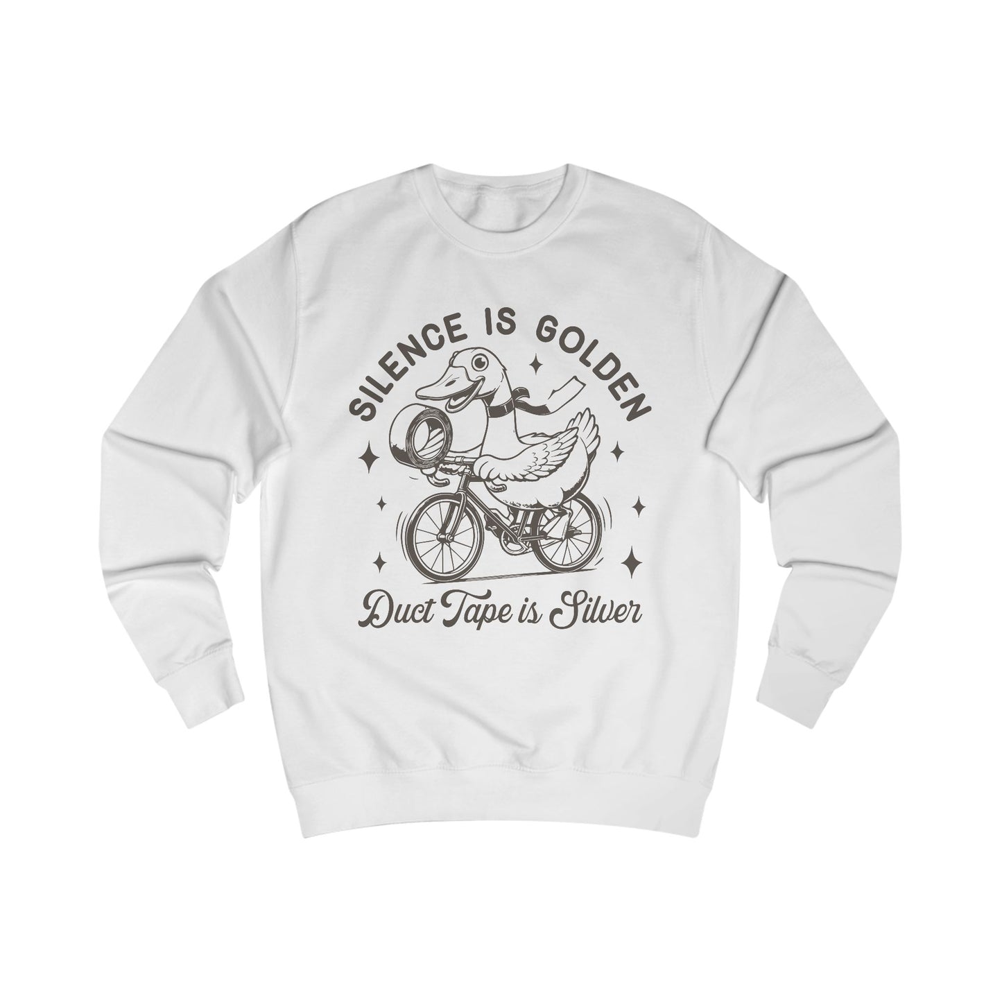 Duck Tape Unisex Sweatshirt, Funny Duck Riding Bicycle Jumper, Silence is Golden, Silver Tape, Animal Lover Gift, Novelty Sweater