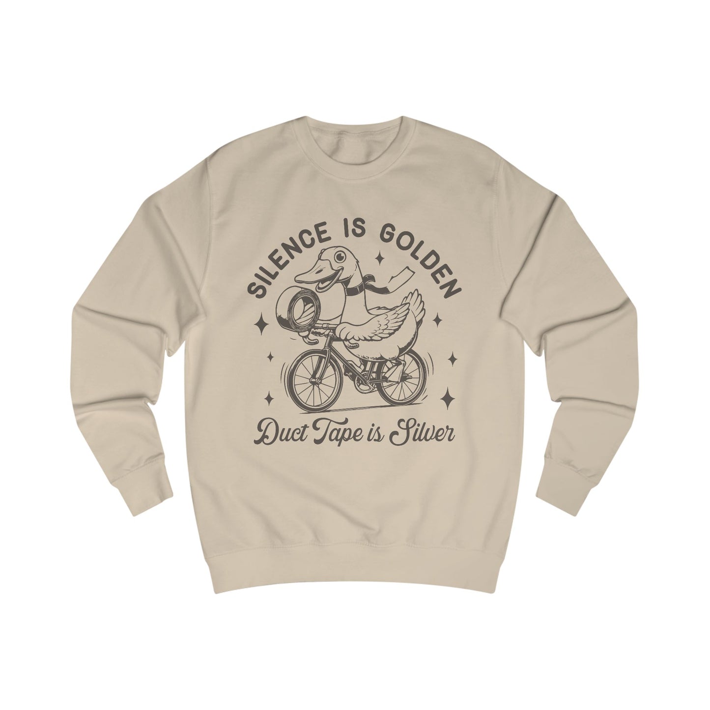 Duck Tape Unisex Sweatshirt, Funny Duck Riding Bicycle Jumper, Silence is Golden, Silver Tape, Animal Lover Gift, Novelty Sweater
