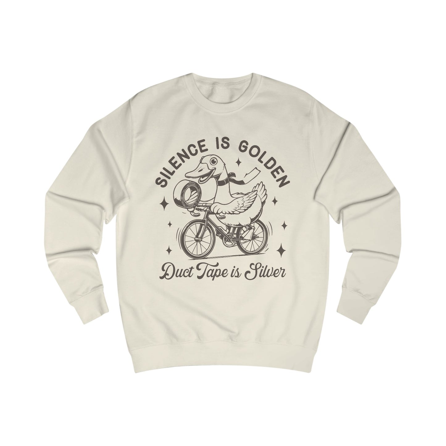 Duck Tape Unisex Sweatshirt, Funny Duck Riding Bicycle Jumper, Silence is Golden, Silver Tape, Animal Lover Gift, Novelty Sweater
