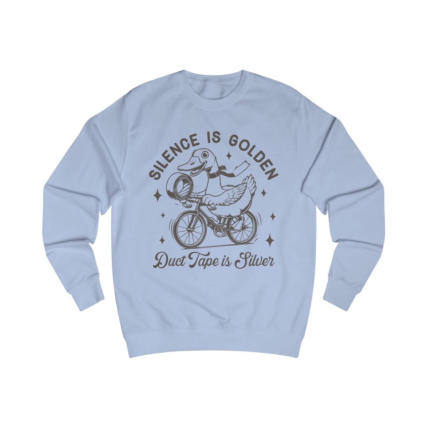 Duck Tape Unisex Sweatshirt, Funny Duck Riding Bicycle Jumper, Silence is Golden, Silver Tape, Animal Lover Gift, Novelty Sweater