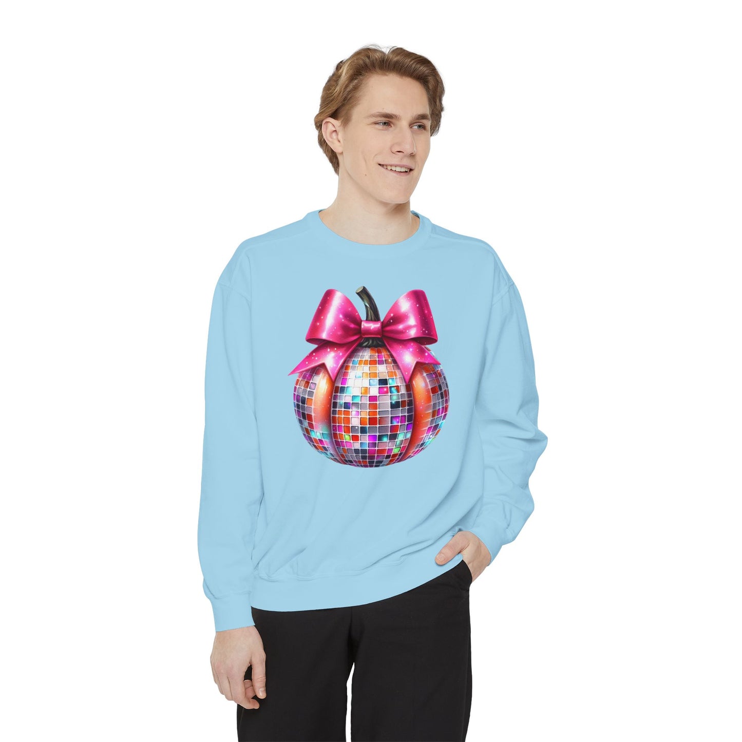 Copy of Disco Ball Pumpkin Sweatshirt - Vibrant Pink Bow Coquette Aesthetic, Unisex Jumper, Halloween Sweatshirt, Retro