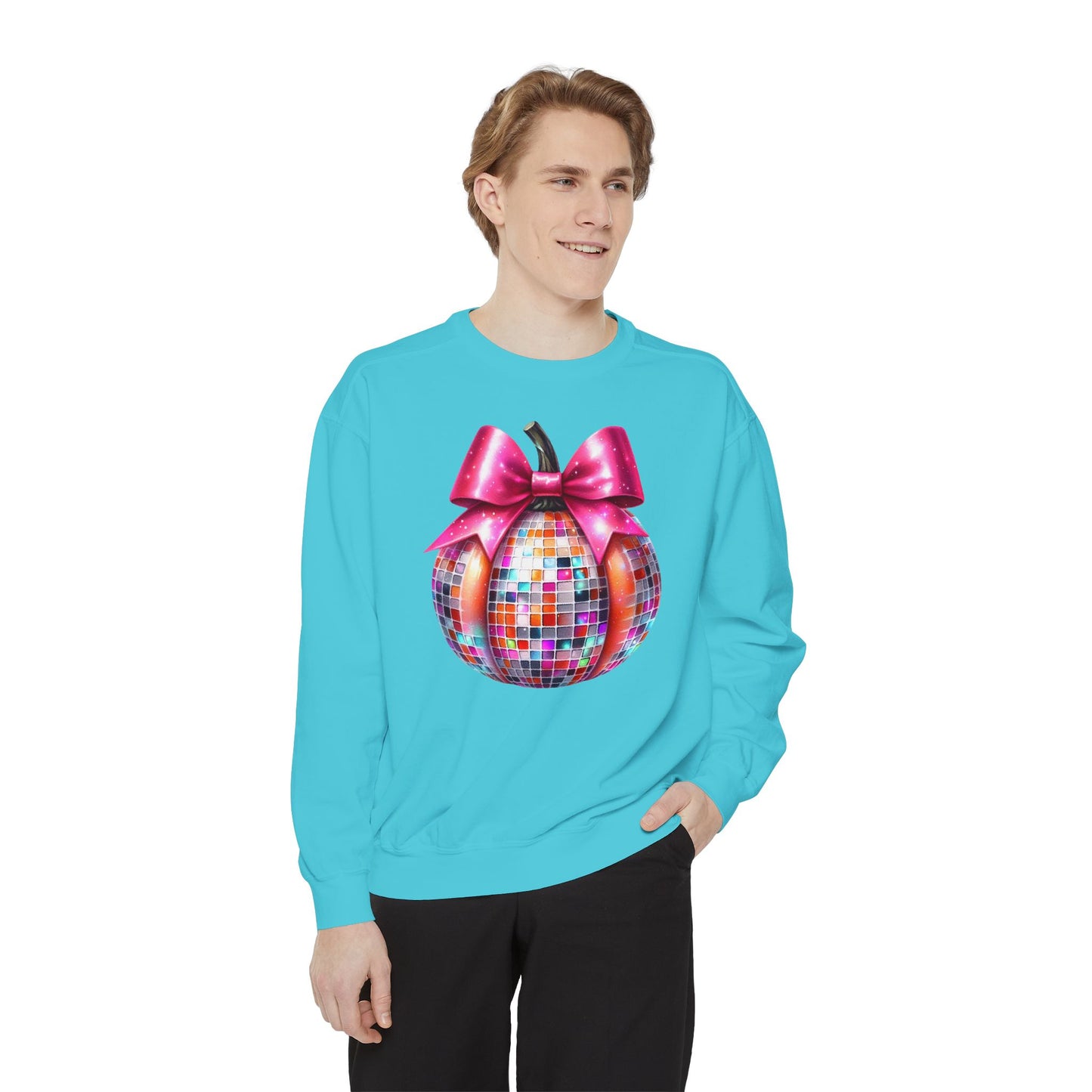 Copy of Disco Ball Pumpkin Sweatshirt - Vibrant Pink Bow Coquette Aesthetic, Unisex Jumper, Halloween Sweatshirt, Retro