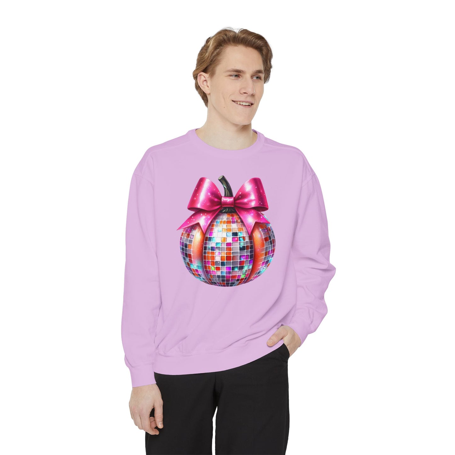 Copy of Disco Ball Pumpkin Sweatshirt - Vibrant Pink Bow Coquette Aesthetic, Unisex Jumper, Halloween Sweatshirt, Retro