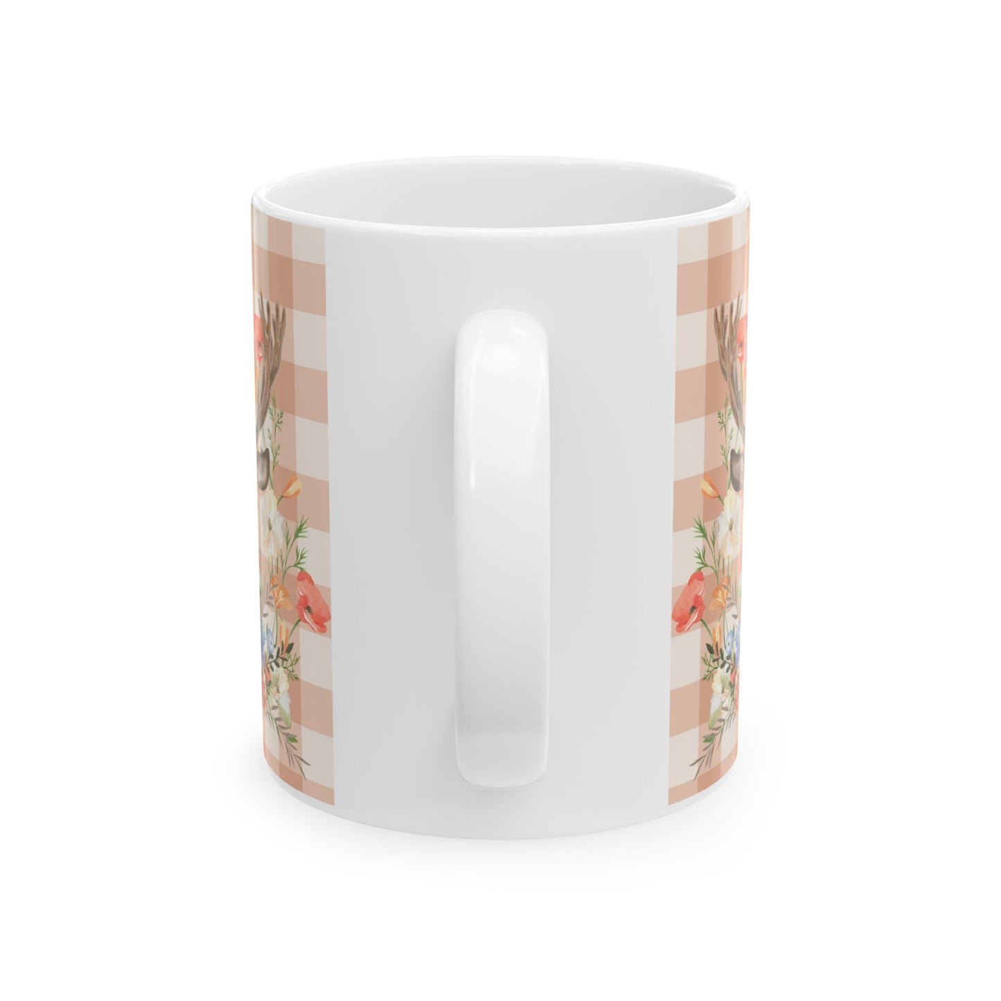 Peachy Gingham Deer and Flowers Ceramic Tea Hot Chocolate Coffee Mug 11oz