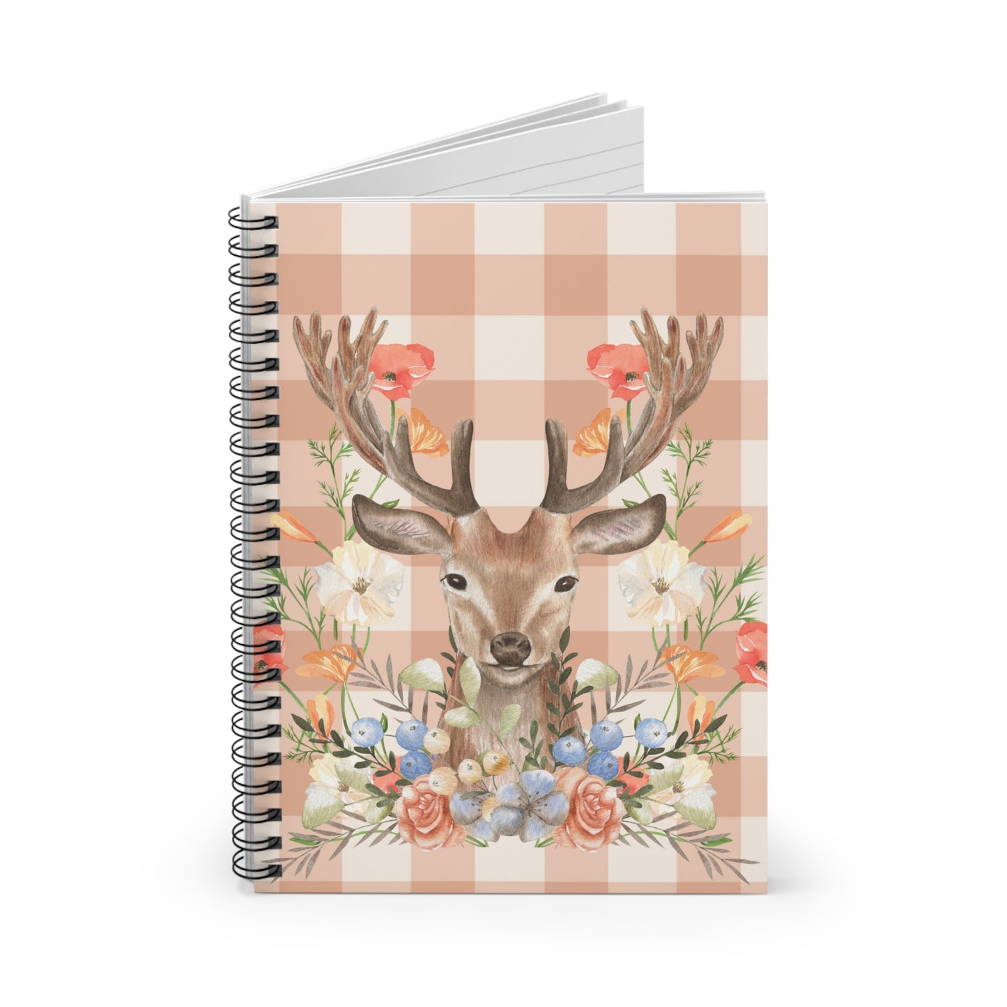 Peachy Gingham Deer and Flowers Spiral Notebook - Ruled Line