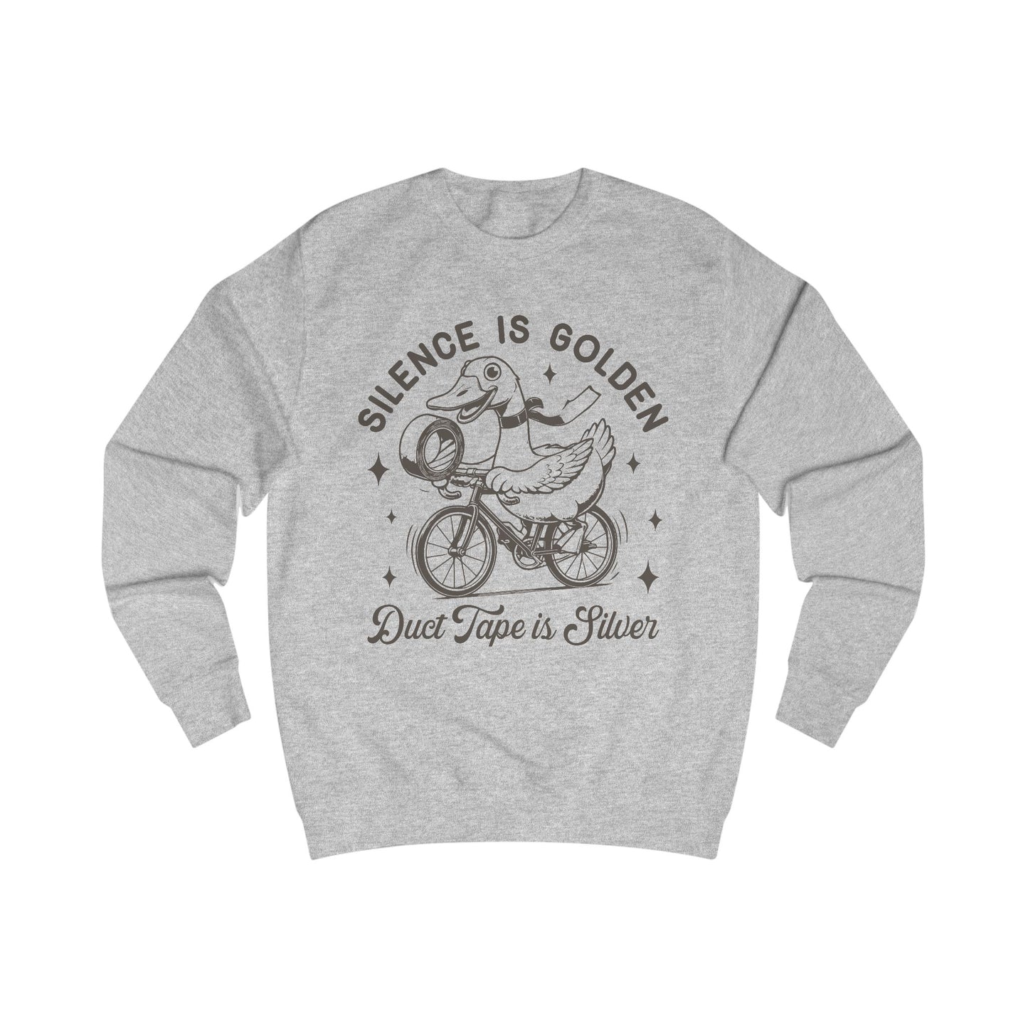 Duck Tape Unisex Sweatshirt, Funny Duck Riding Bicycle Jumper, Silence is Golden, Silver Tape, Animal Lover Gift, Novelty Sweater