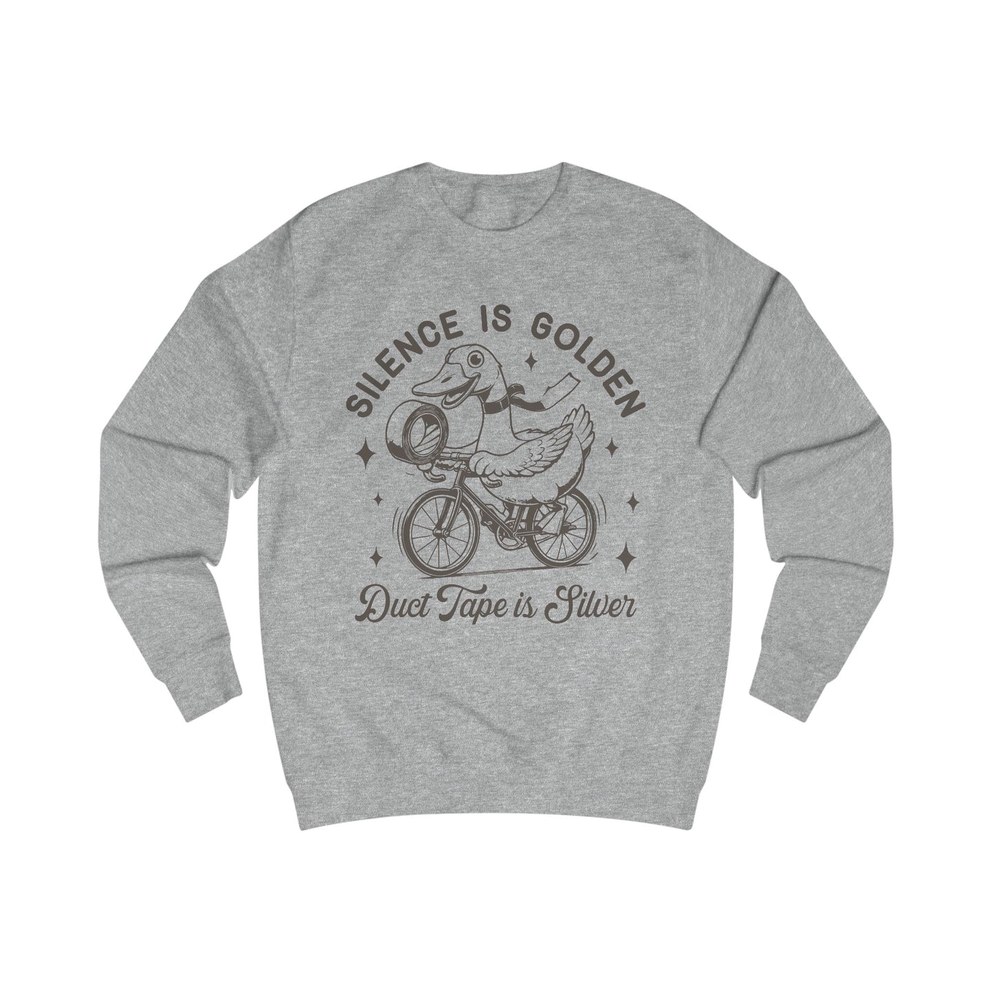 Duck Tape Unisex Sweatshirt, Funny Duck Riding Bicycle Jumper, Silence is Golden, Silver Tape, Animal Lover Gift, Novelty Sweater