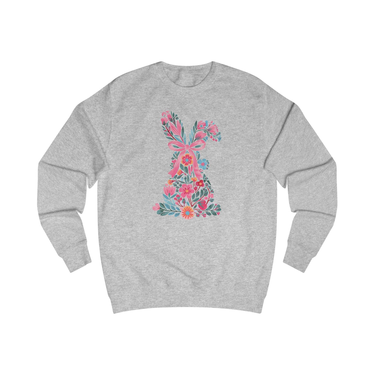 Coquette Bunny Floral Sweatshirt, Pastel Flowers Pink Bow, Cute Spring Pullover, Easter Gift for Her, Women's Casual Jumper, Rabbit Print