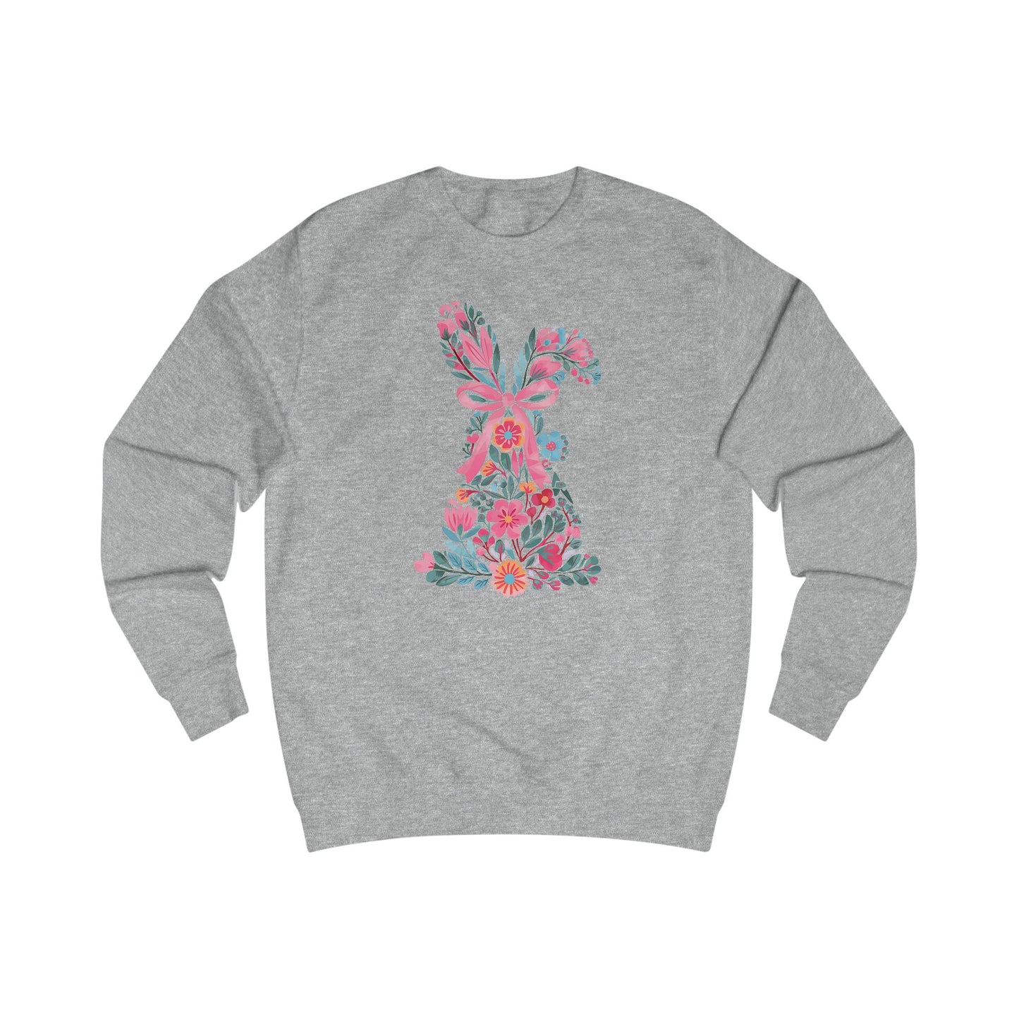 Coquette Bunny Floral Sweatshirt, Pastel Flowers Pink Bow, Cute Spring Pullover, Easter Gift for Her, Women's Casual Jumper, Rabbit Print