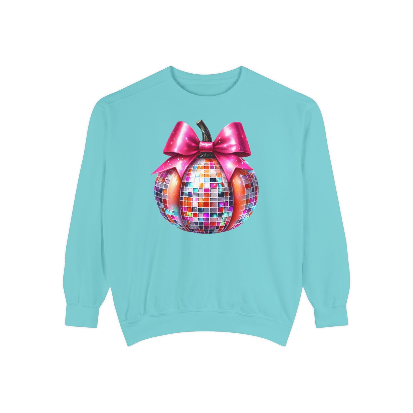 Disco Pumpkin Sweatshirt, Coquette Halloween Jumper, Colorful Fall Pullover, Unisex Garment-Dyed Sweater, Pink Bow Design, Harvest Festival