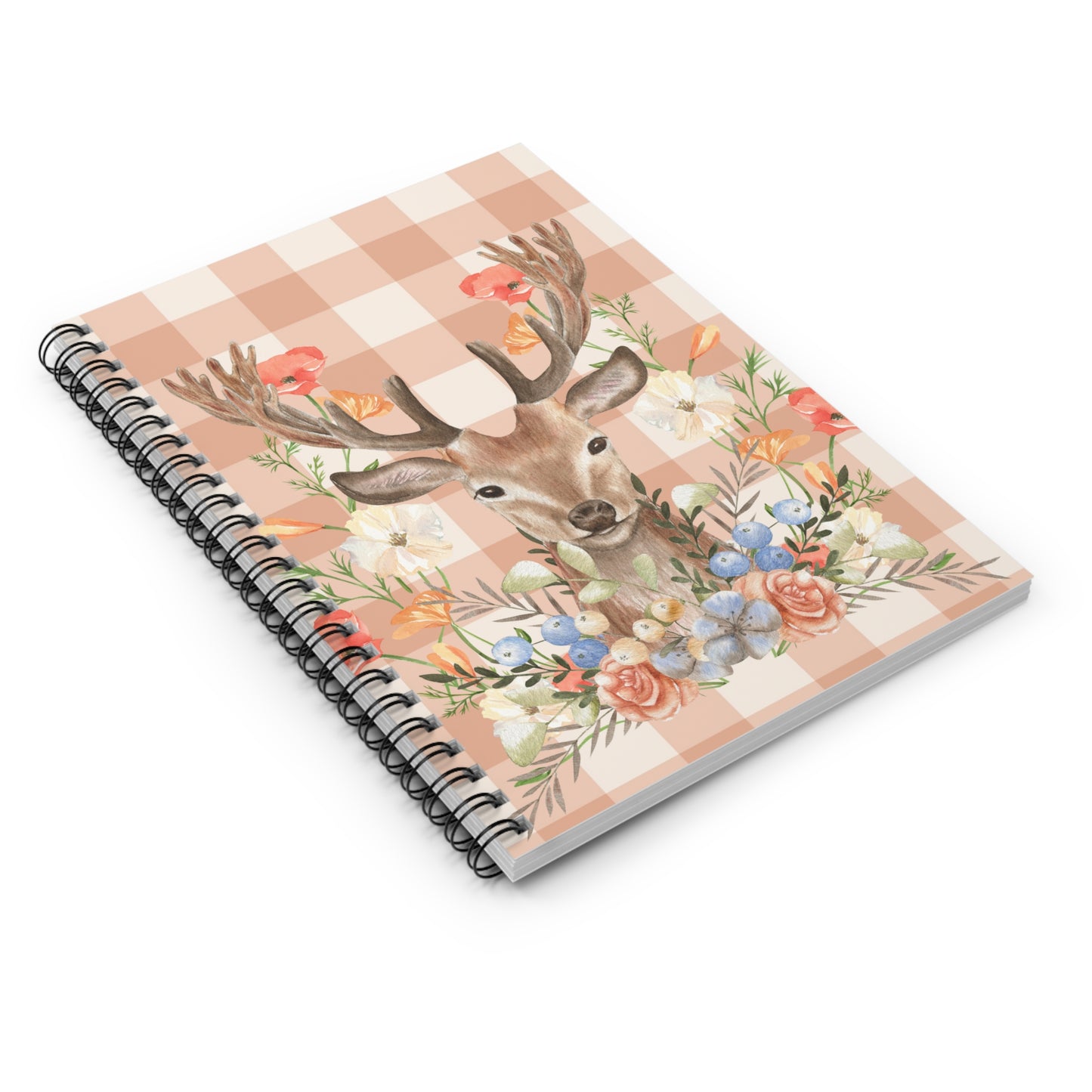 Peachy Gingham Deer and Flowers Spiral Notebook - Ruled Line