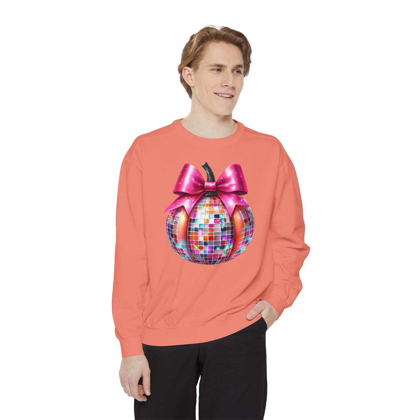 Copy of Disco Ball Pumpkin Sweatshirt - Vibrant Pink Bow Coquette Aesthetic, Unisex Jumper, Halloween Sweatshirt, Retro
