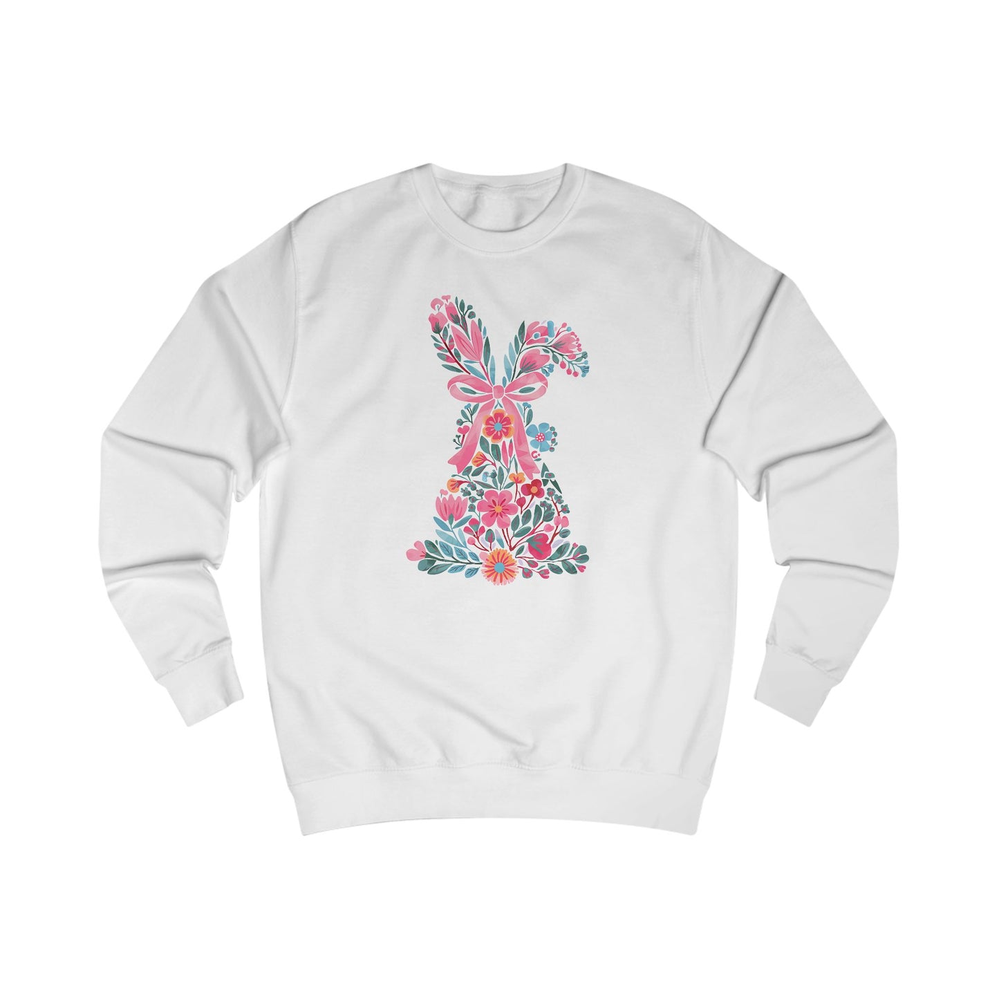 Coquette Bunny Floral Sweatshirt, Pastel Flowers Pink Bow, Cute Spring Pullover, Easter Gift for Her, Women's Casual Jumper, Rabbit Print