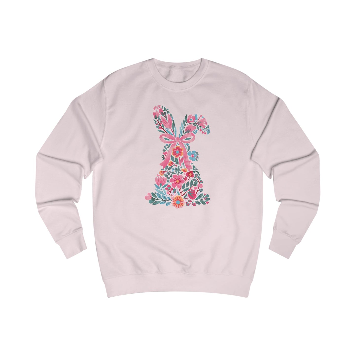 Coquette Bunny Floral Sweatshirt, Pastel Flowers Pink Bow, Cute Spring Pullover, Easter Gift for Her, Women's Casual Jumper, Rabbit Print