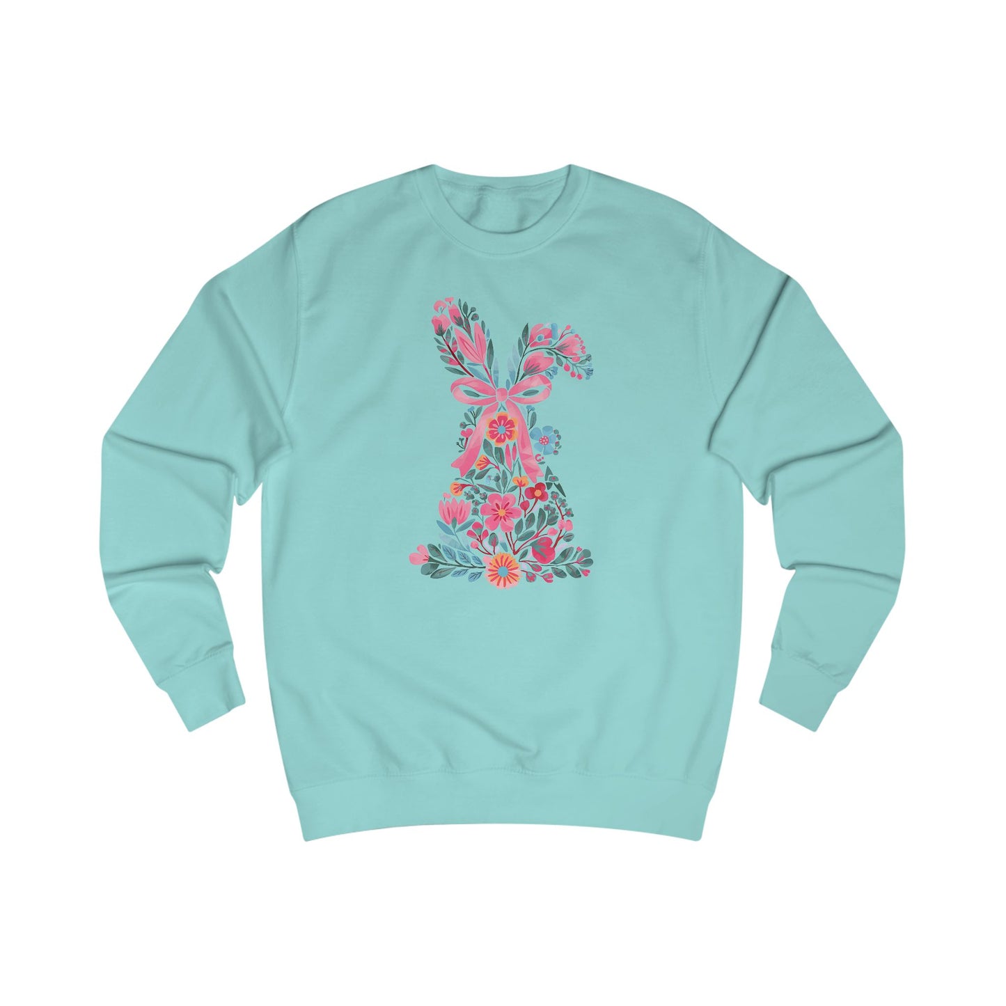 Coquette Bunny Floral Sweatshirt, Pastel Flowers Pink Bow, Cute Spring Pullover, Easter Gift for Her, Women's Casual Jumper, Rabbit Print