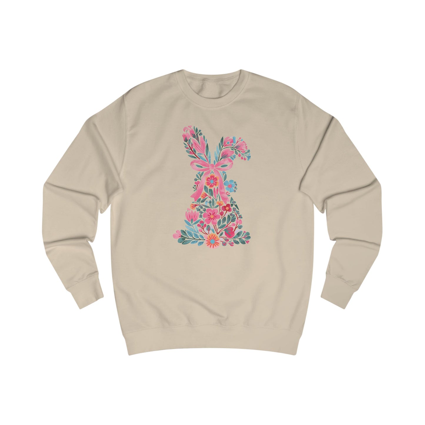 Coquette Bunny Floral Sweatshirt, Pastel Flowers Pink Bow, Cute Spring Pullover, Easter Gift for Her, Women's Casual Jumper, Rabbit Print