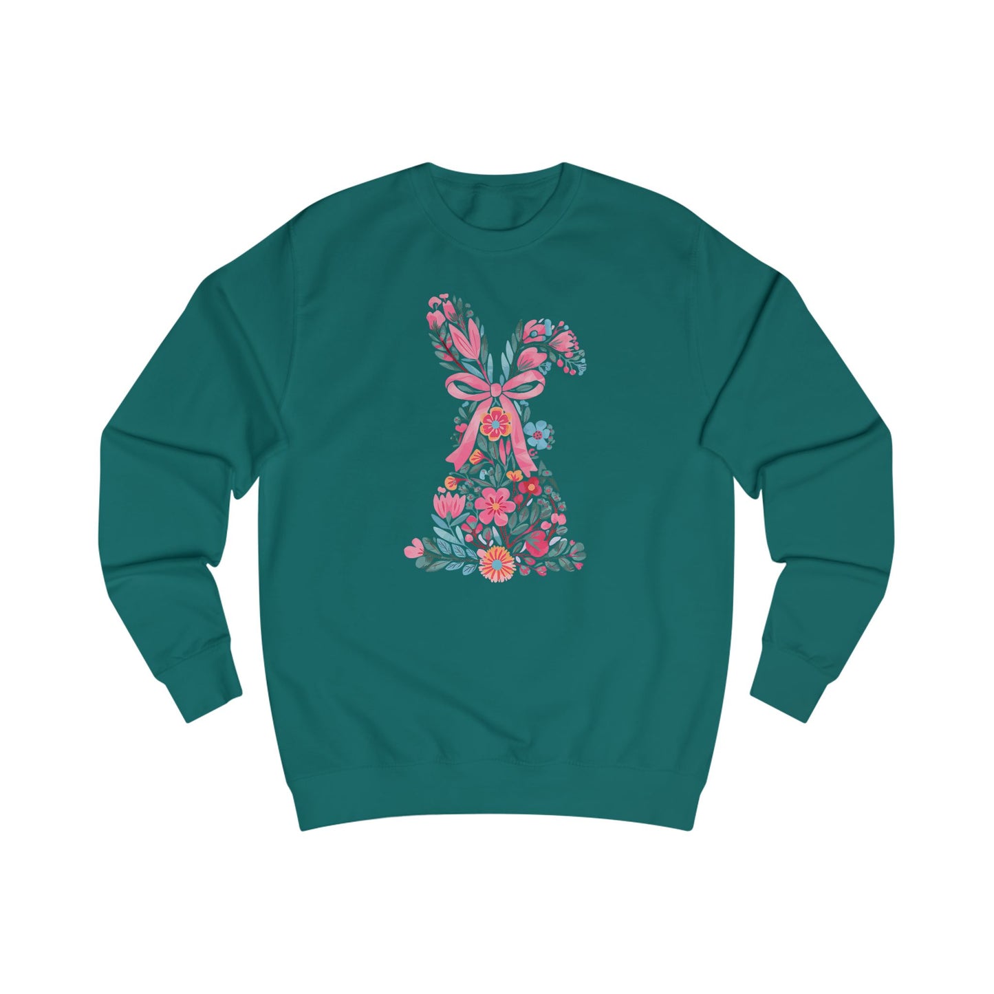 Coquette Bunny Floral Sweatshirt, Pastel Flowers Pink Bow, Cute Spring Pullover, Easter Gift for Her, Women's Casual Jumper, Rabbit Print