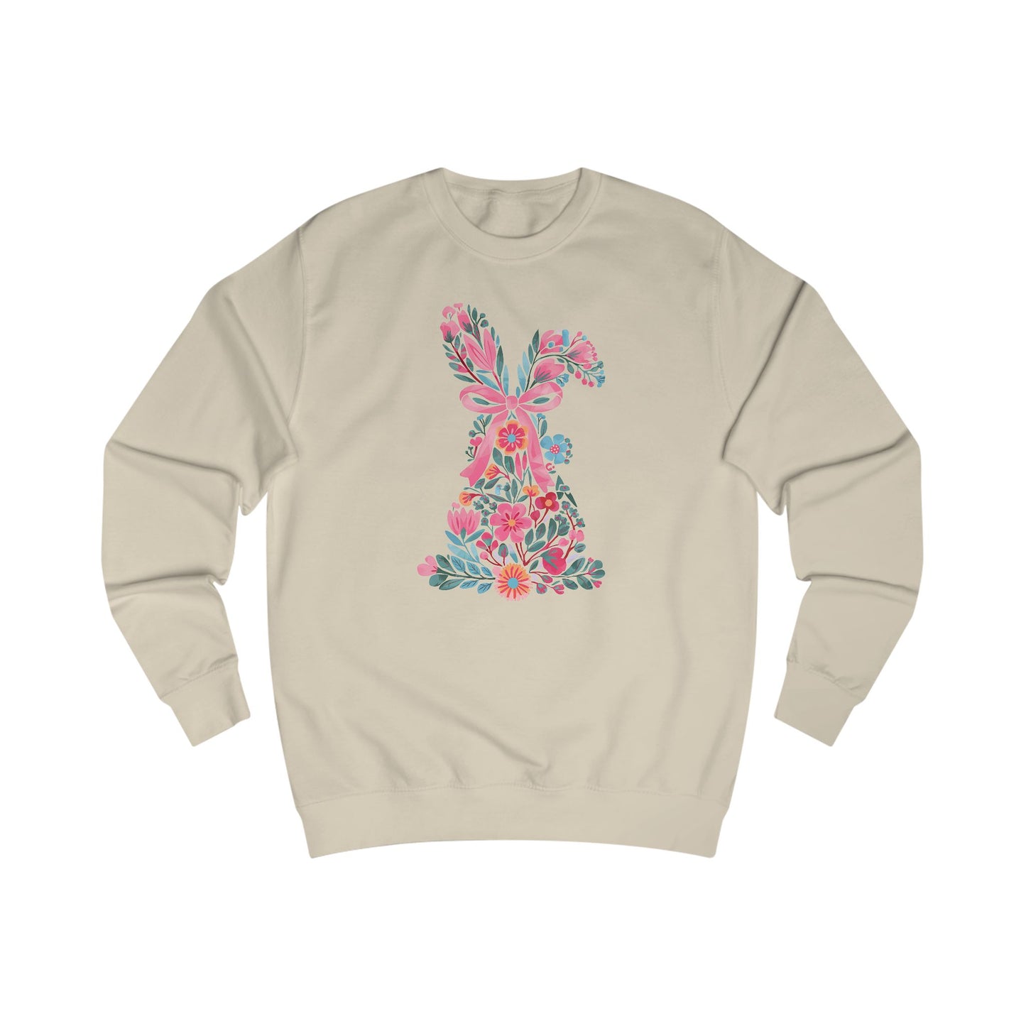 Coquette Bunny Floral Sweatshirt, Pastel Flowers Pink Bow, Cute Spring Pullover, Easter Gift for Her, Women's Casual Jumper, Rabbit Print