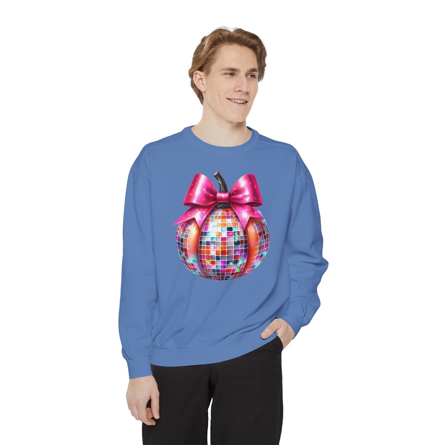 Copy of Disco Ball Pumpkin Sweatshirt - Vibrant Pink Bow Coquette Aesthetic, Unisex Jumper, Halloween Sweatshirt, Retro