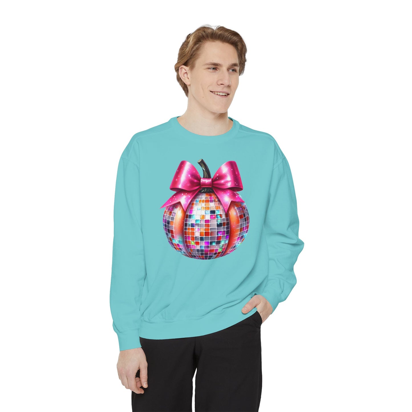 Copy of Disco Ball Pumpkin Sweatshirt - Vibrant Pink Bow Coquette Aesthetic, Unisex Jumper, Halloween Sweatshirt, Retro