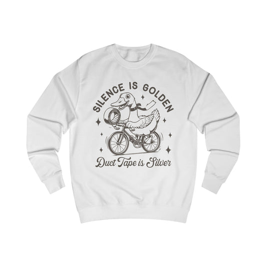 Duck Tape Unisex Sweatshirt, Funny Duck Riding Bicycle Jumper, Silence is Golden, Silver Tape, Animal Lover Gift, Novelty Sweater