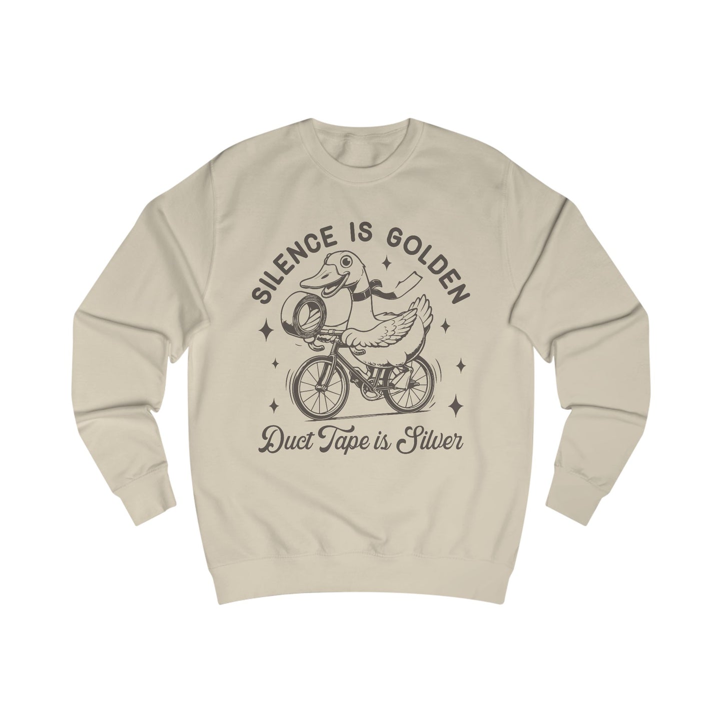 Duck Tape Unisex Sweatshirt, Funny Duck Riding Bicycle Jumper, Silence is Golden, Silver Tape, Animal Lover Gift, Novelty Sweater