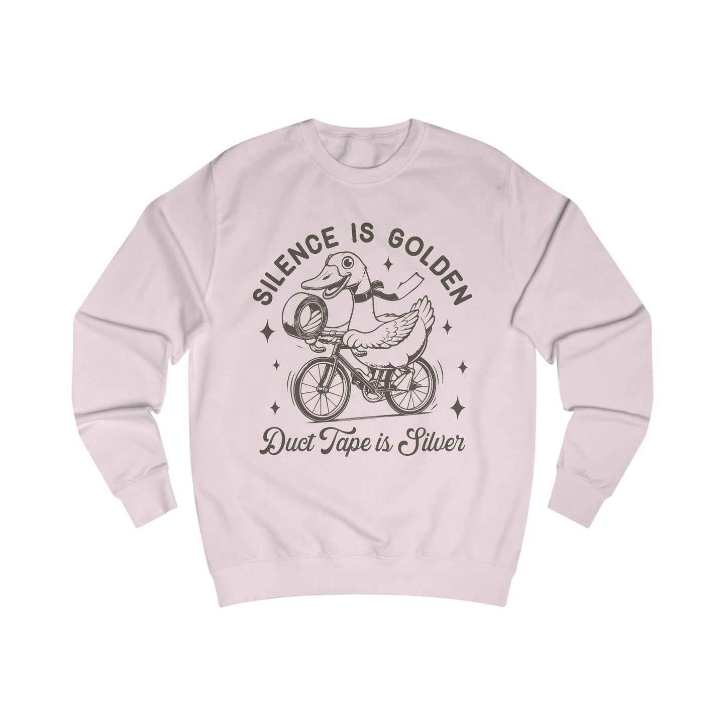Duck Tape Unisex Sweatshirt, Funny Duck Riding Bicycle Jumper, Silence is Golden, Silver Tape, Animal Lover Gift, Novelty Sweater