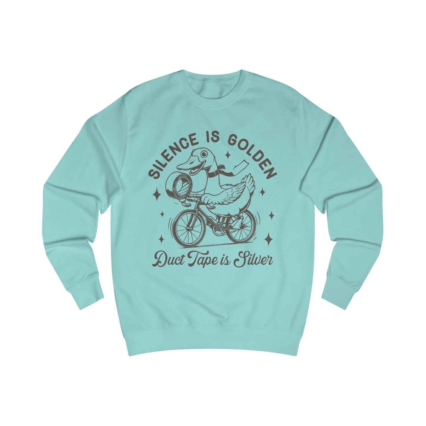 Duck Tape Unisex Sweatshirt, Funny Duck Riding Bicycle Jumper, Silence is Golden, Silver Tape, Animal Lover Gift, Novelty Sweater