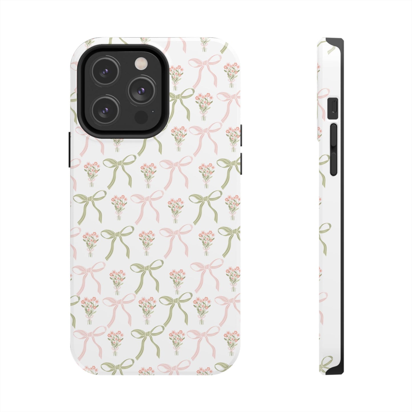 Light Pink and Green Phone Case, Bows and Bouquets Phone Case, Coquette Design Case, Durable Phone Case, Tough Phone Cases