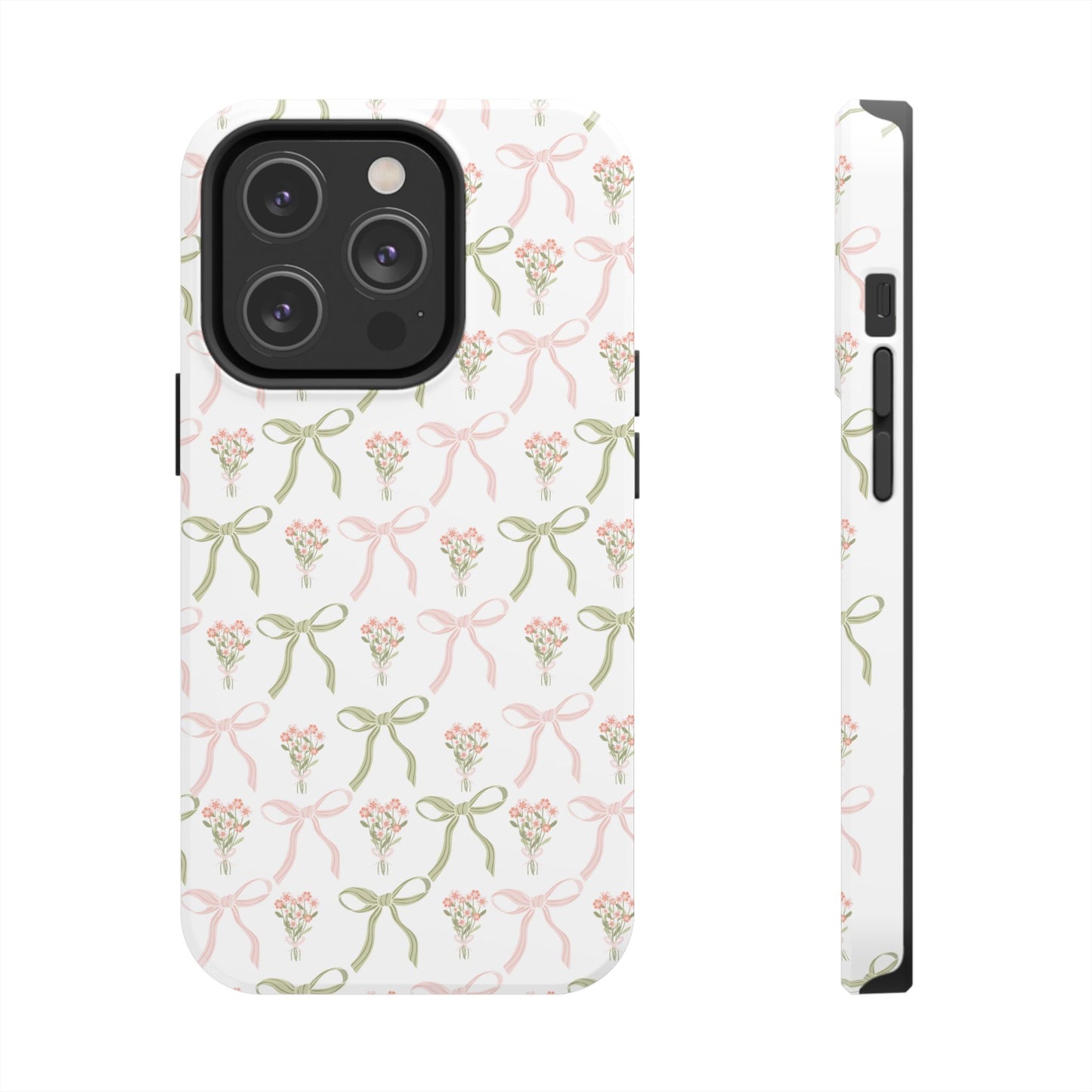 Light Pink and Green Phone Case, Bows and Bouquets Phone Case, Coquette Design Case, Durable Phone Case, Tough Phone Cases