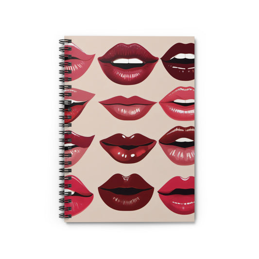 Retro Lips Spiral Notebook - Ruled Line, Pink Lipstick Journal, Vintage Kiss Diary, Tan Colored Writing Pad, Feminine Lip Art Notepad