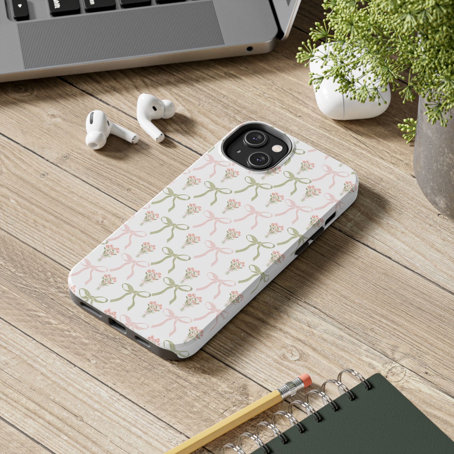 Light Pink and Green Phone Case, Bows and Bouquets Phone Case, Coquette Design Case, Durable Phone Case, Tough Phone Cases
