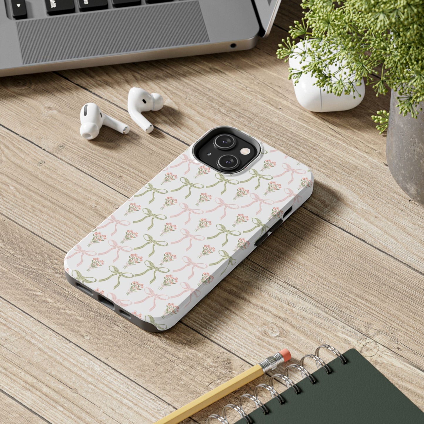 Light Pink and Green Phone Case, Bows and Bouquets Phone Case, Coquette Design Case, Durable Phone Case, Tough Phone Cases