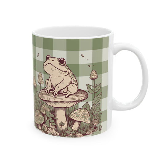 Cottagecore Green Gingham Frog Mushroom Ceramic Coffee Hot Chocolate Tea Mug 11oz