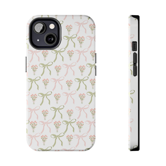 Light Pink and Green Phone Case, Bows and Bouquets Phone Case, Coquette Design Case, Durable Phone Case, Tough Phone Cases