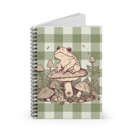 Cottagecore Green Gingham Frog & Mushrooms Spiral Notebook - Ruled Line