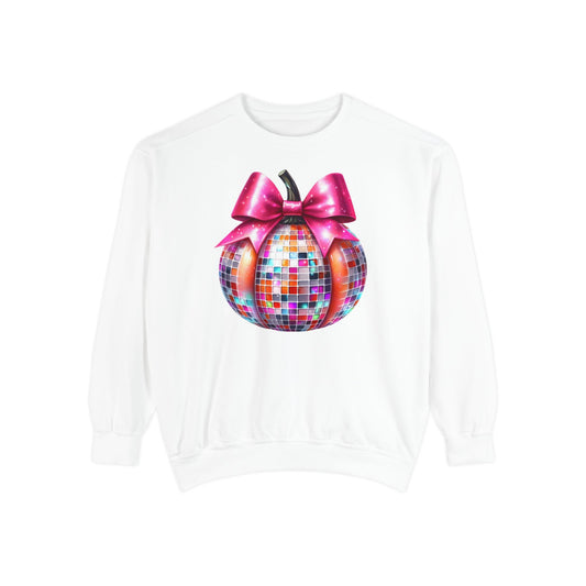 Copy of Disco Ball Pumpkin Sweatshirt - Vibrant Pink Bow Coquette Aesthetic, Unisex Jumper, Halloween Sweatshirt, Retro