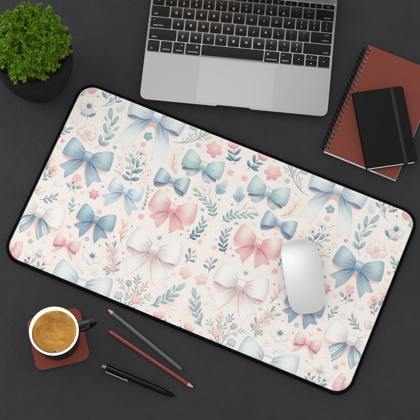 Floral and Bow Desk Mat, Coquette Desk Mat, Floral Desk Pad, Feminine Desk Mat, Desk Protector, Whimsical Art