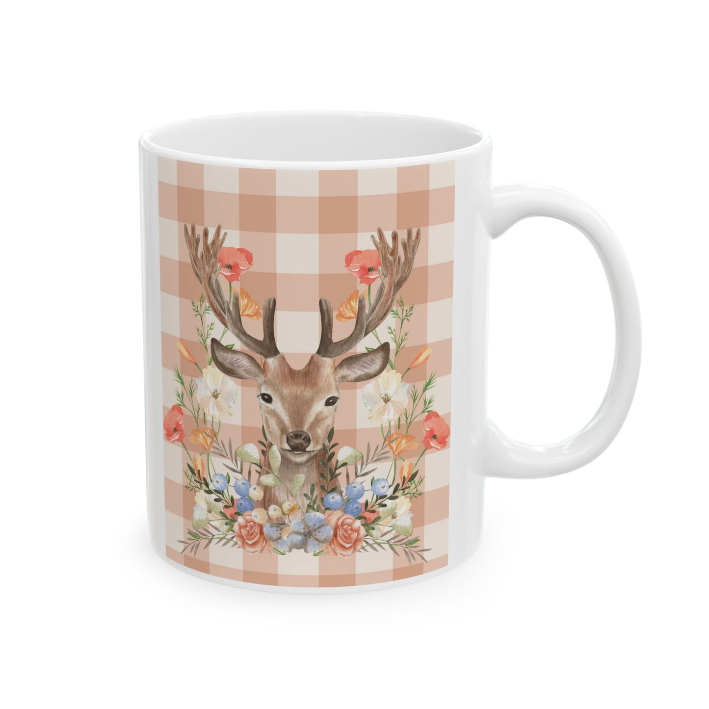 Peachy Gingham Deer and Flowers Ceramic Tea Hot Chocolate Coffee Mug 11oz