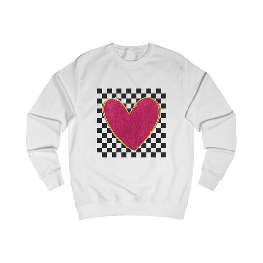 Heartfelt Love Unisex Sweatshirt, Valentine's Day Gift, Red Pink Gold Checkered Design Shirt, Cozy Sweater Jumper, Anniversary Apparel