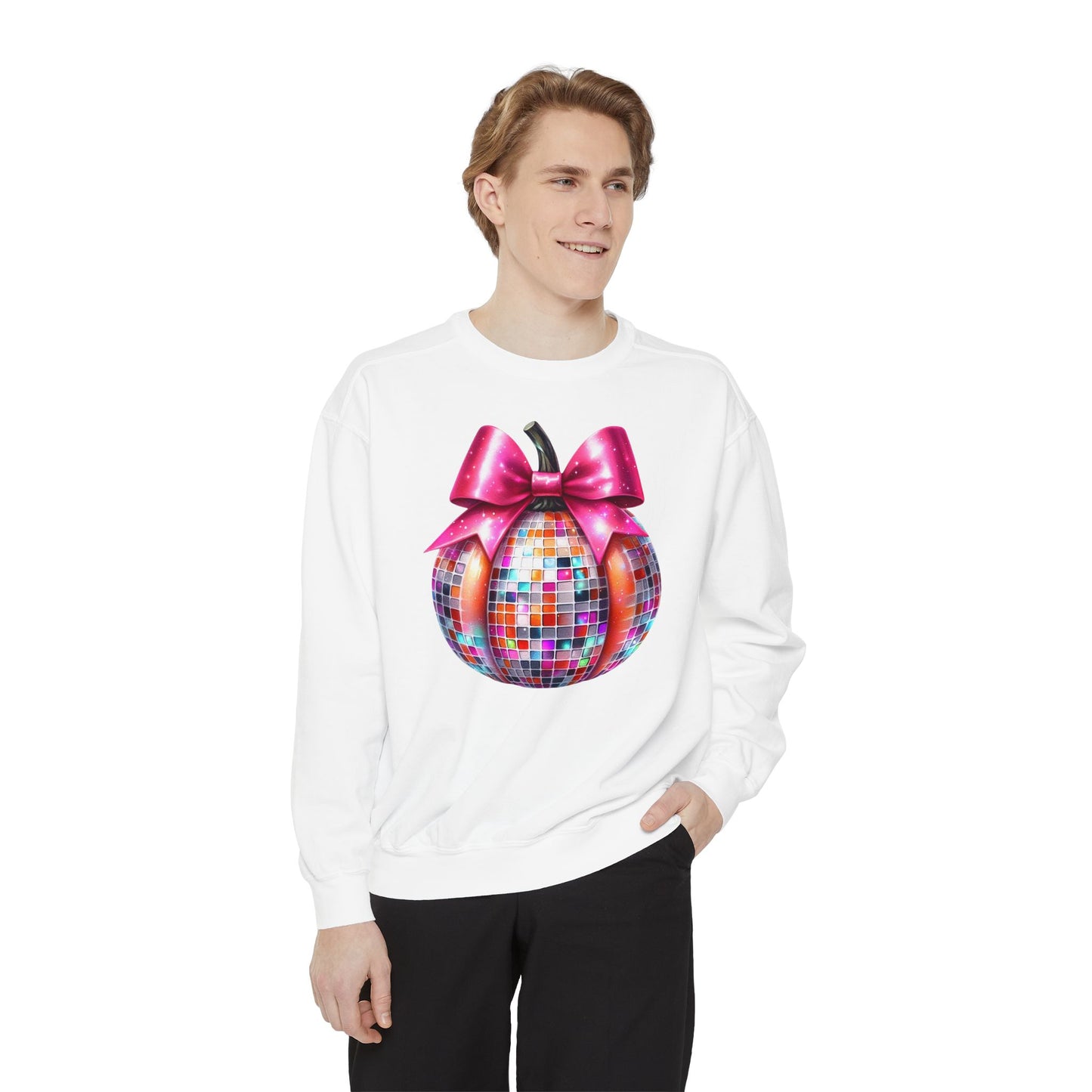 Copy of Disco Ball Pumpkin Sweatshirt - Vibrant Pink Bow Coquette Aesthetic, Unisex Jumper, Halloween Sweatshirt, Retro