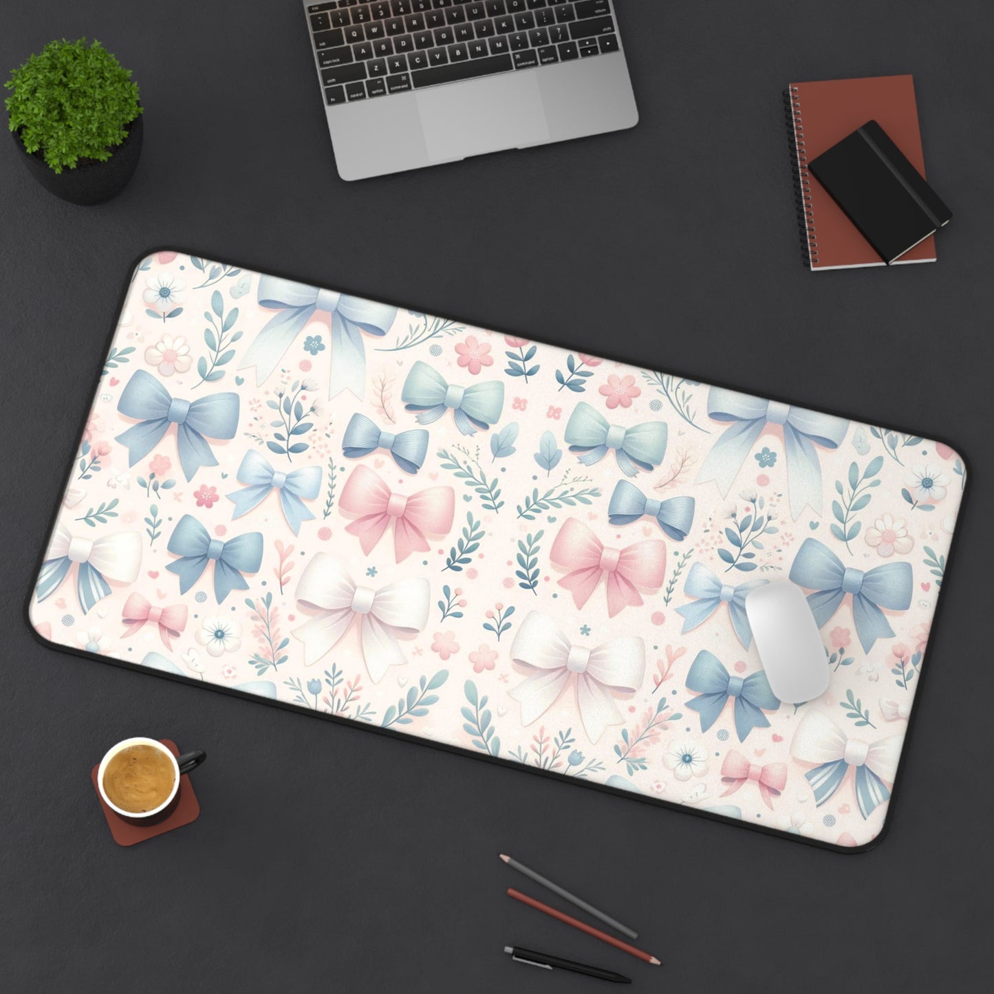 Floral and Bow Desk Mat, Coquette Desk Mat, Floral Desk Pad, Feminine Desk Mat, Desk Protector, Whimsical Art