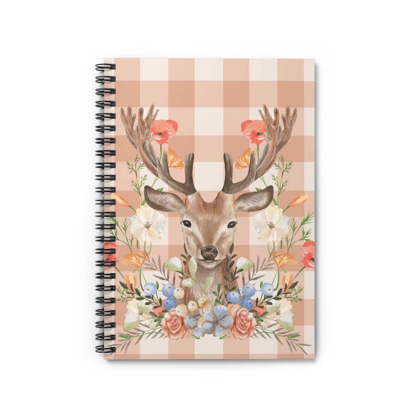 Peachy Gingham Deer and Flowers Spiral Notebook - Ruled Line