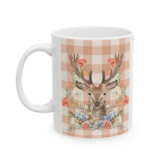 Peachy Gingham Deer and Flowers Ceramic Tea Hot Chocolate Coffee Mug 11oz