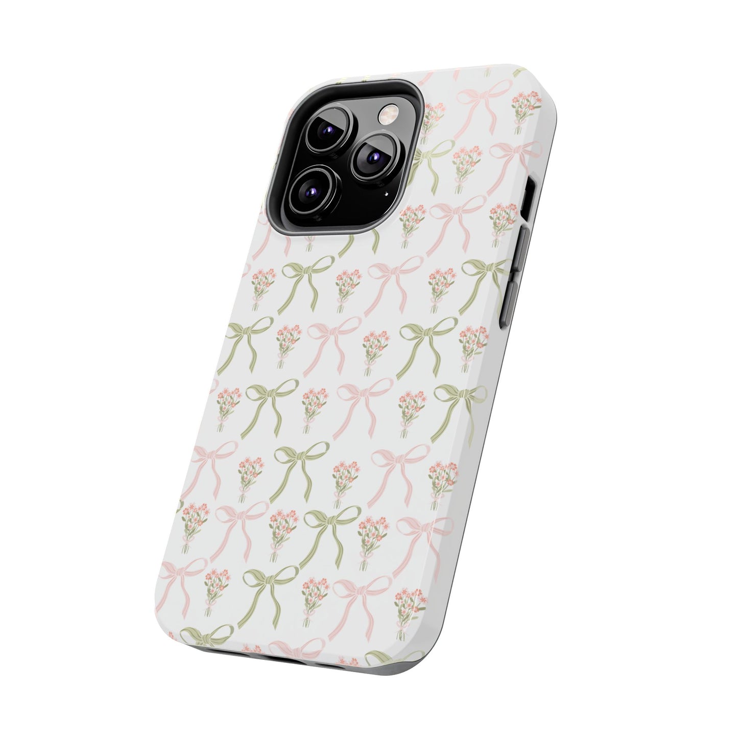 Light Pink and Green Phone Case, Bows and Bouquets Phone Case, Coquette Design Case, Durable Phone Case, Tough Phone Cases