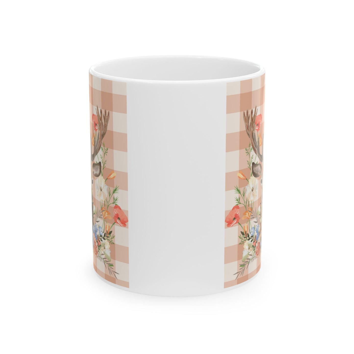 Peachy Gingham Deer and Flowers Ceramic Tea Hot Chocolate Coffee Mug 11oz