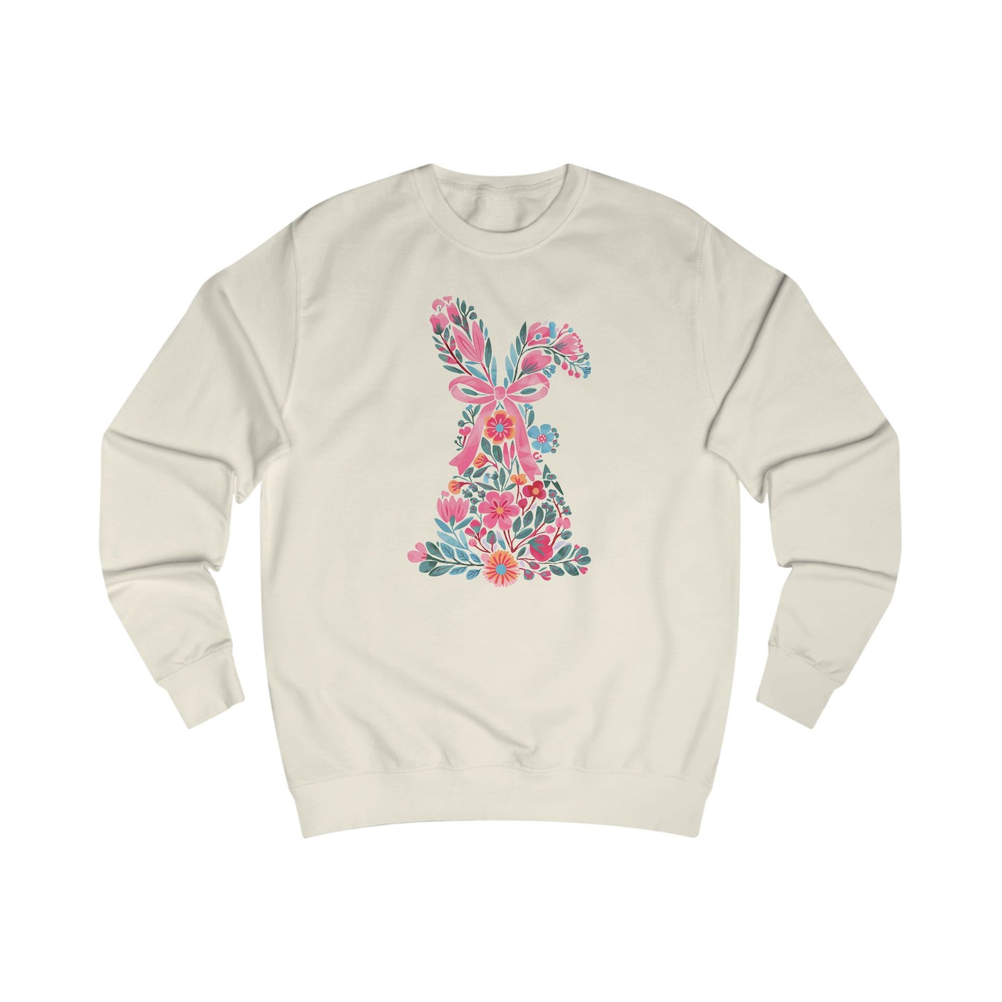 Coquette Bunny Floral Sweatshirt, Pastel Flowers Pink Bow, Cute Spring Pullover, Easter Gift for Her, Women's Casual Jumper, Rabbit Print