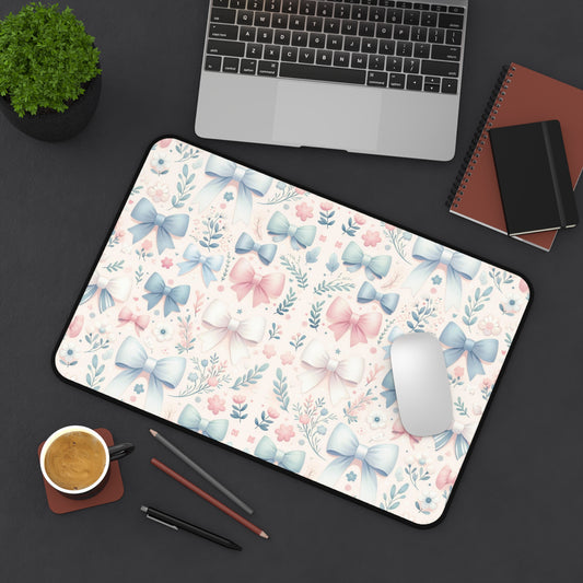 Floral and Bow Desk Mat, Coquette Desk Mat, Floral Desk Pad, Feminine Desk Mat, Desk Protector, Whimsical Art